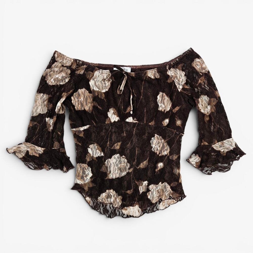 Y2k Euro Fairycore Top Brown Lace Floral - Small